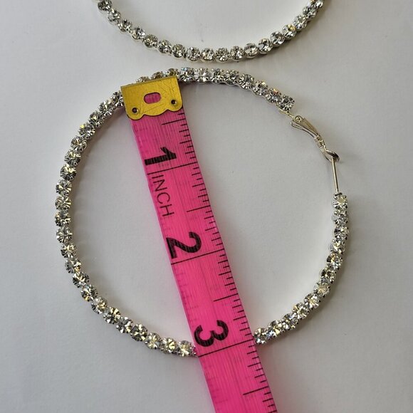Silvertone Hoops with encrusted crystals Silver tone Statement Big Hoops - Picture 4 of 6